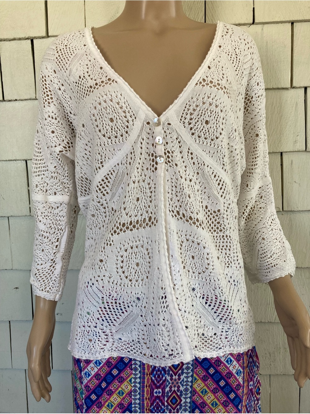 Boho Fairy White Crochet Cardigan with Button Front Size Medium